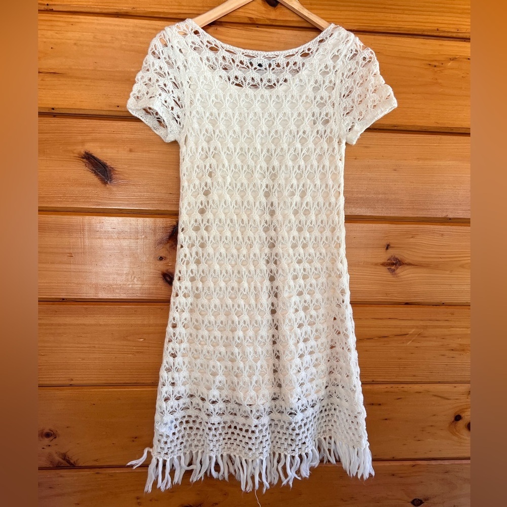 NWT Cute XS American Eagle Crochet Roubd Neck Midi Short Sleeve Off White Dress - Picture 5 of 6